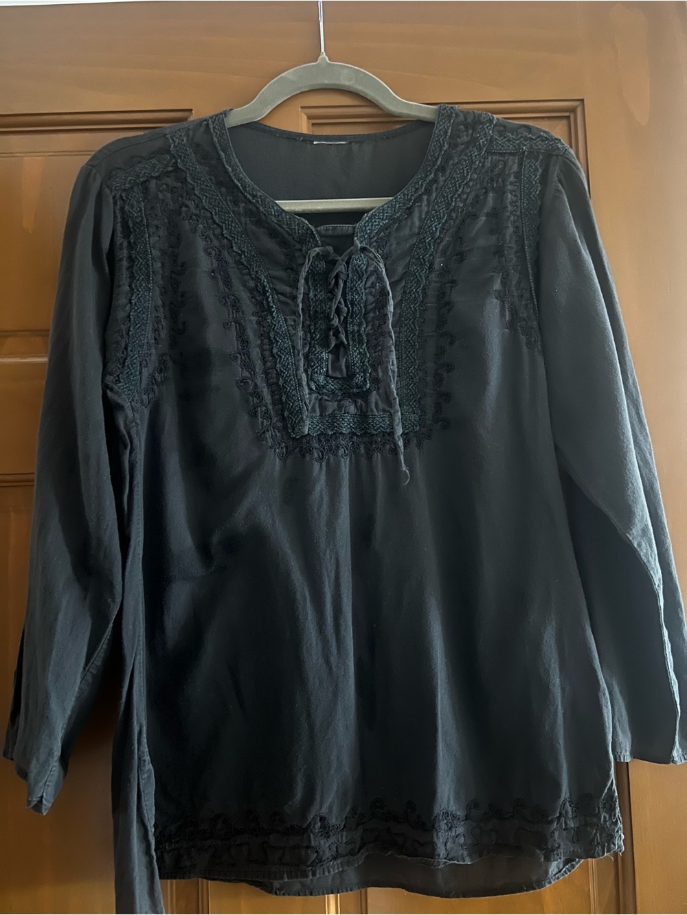 Vintage Black Lace Up Embroidered Blouse